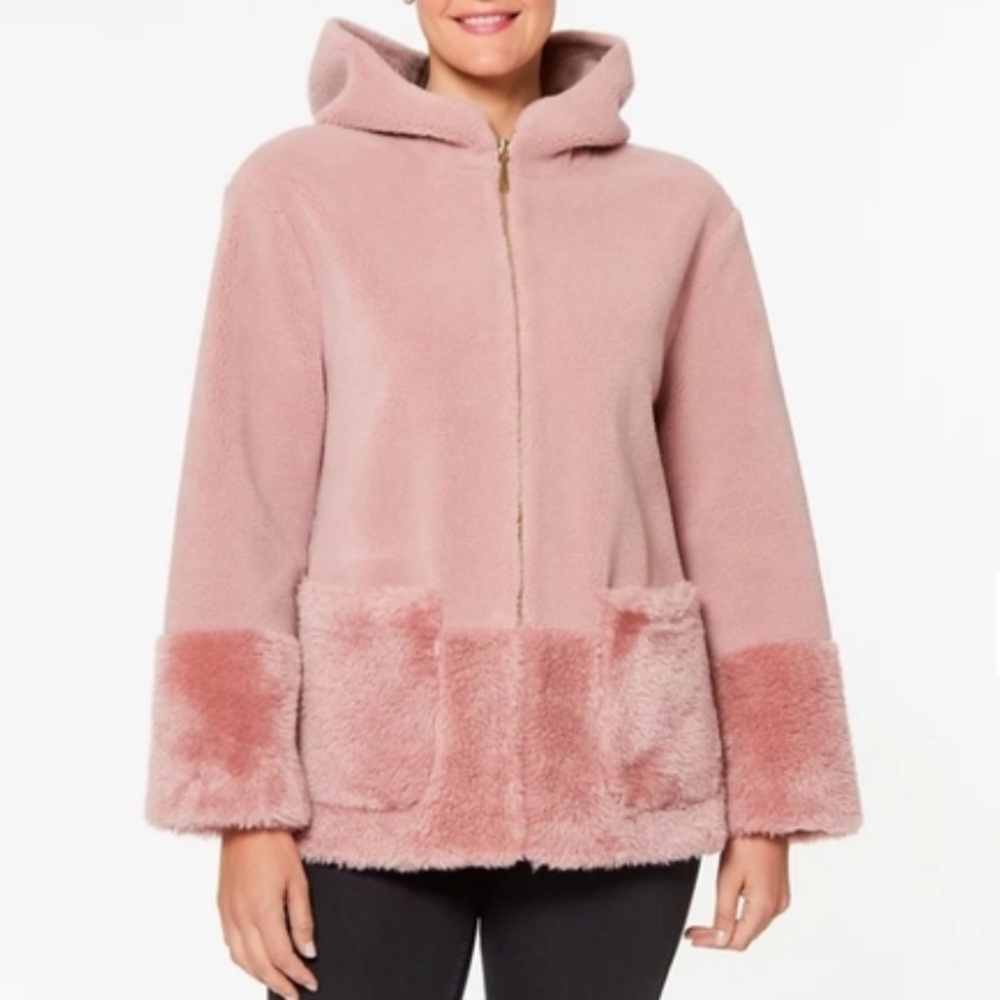 Koolaburra by UGG Dusty Rose Faux Fur Hooded Jacket Sherpa Coat Size L Large